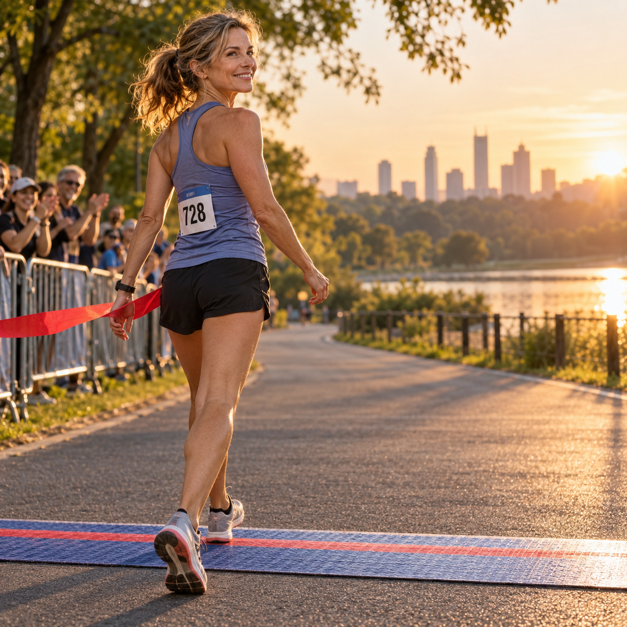 A woman crossing a race finish line, looking back with satisfaction and stepping confidently toward the road ahead